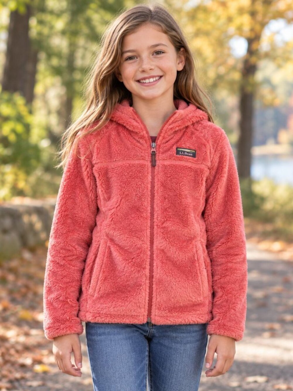 L.L.Bean Girls Hi-Pile Fleece Hooded Jacket M Coral Pink Gorpcore Cozy Gorpcure